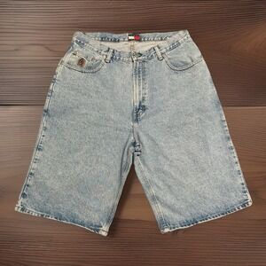 TOMMY HILFIGER Vintage 90s Baggy Denim Bermuda Shorts Blue Metal Medallion 32